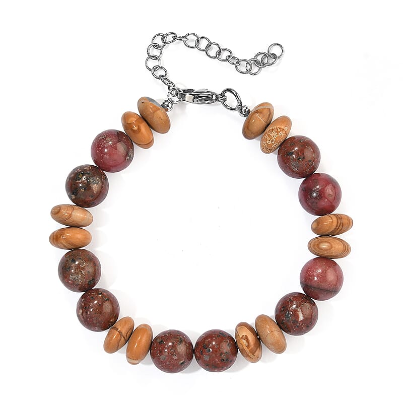 EverTrue Poppy and Camel Jasper 140.00 ctw Bracelet in Stainless Steel (7.25-9.25In)