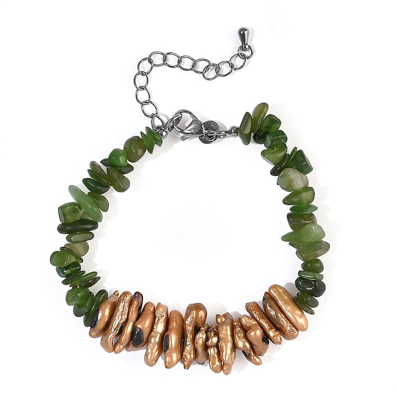 EverTrue Nephrite 40.00 ctw and Brown Pearl (D) Bracelet in Stainless Steel (7.25-9.25In)