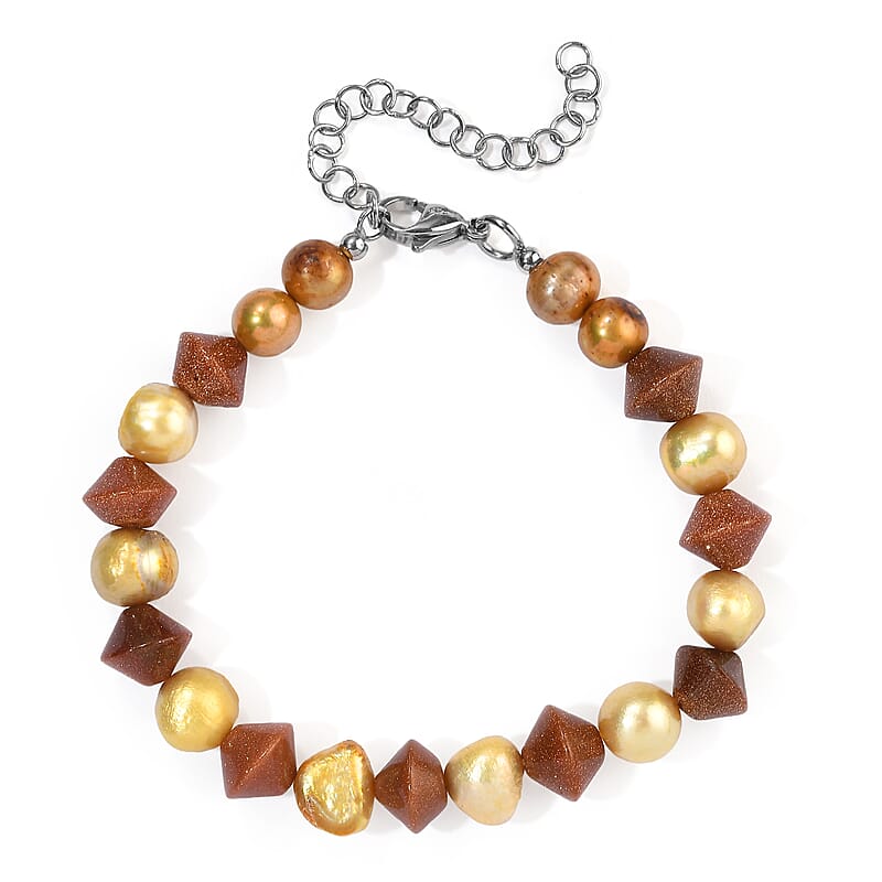EverTrue Yellow Pearl (D) and Gold Sandstone 30.00 ctw Bracelet in Stainless Steel (7.25-9.25In)