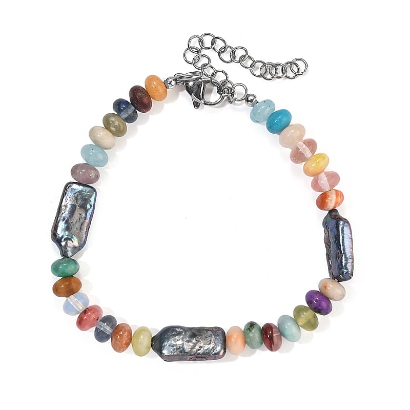 EverTrue Peacock Pearl (D) and Multi Jasper 30.00 ctw Bracelet in Stainless Steel (7.25-9.25In)