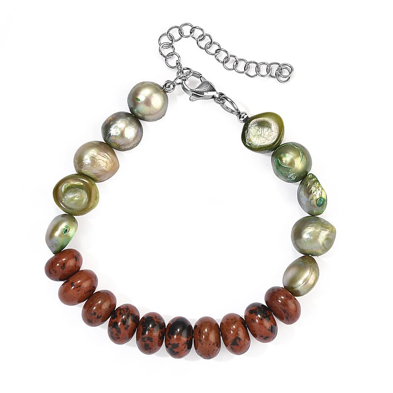 EverTrue Green Pearl (D) and Mahagooni Jasper 50.00 ctw Bracelet in Stainless Steel (7.25-9.25In)