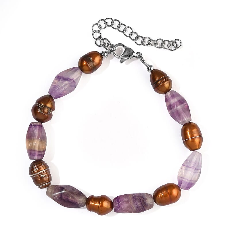 EverTrue Brown Pearl (D) and Blue Fluorite 40.00 ctw Bracelet in Stainless Steel (7.25-9.25In)