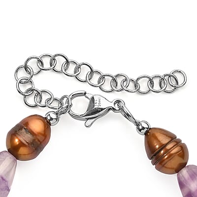EverTrue Brown Pearl (D) and Blue Fluorite 40.00 ctw Bracelet in Stainless Steel (7.25-9.25In)