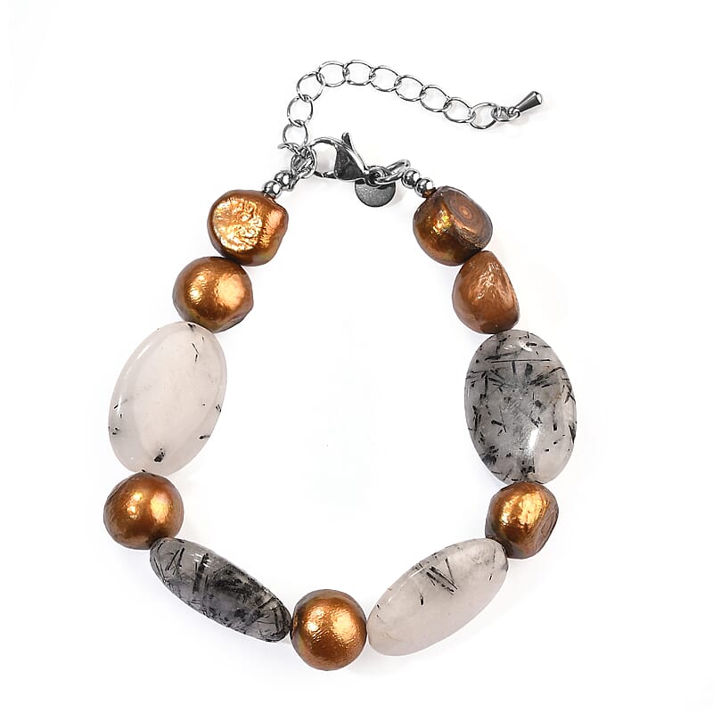 EverTrue Rutile Quartz 65.00 ctw and Bronze Pearl (D) Bracelet in Stainless Steel (7.25-9.25In)