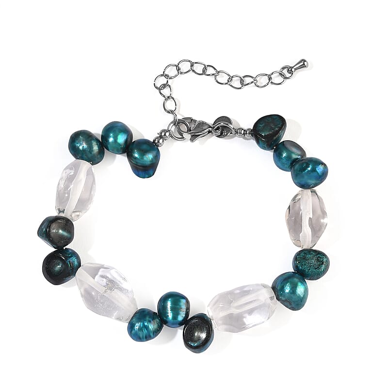 EverTrue Navy Blue Pearl (D) and Crystal Quartz 70.00 ctw Bracelet in Stainless Steel (7.25-9.25In)