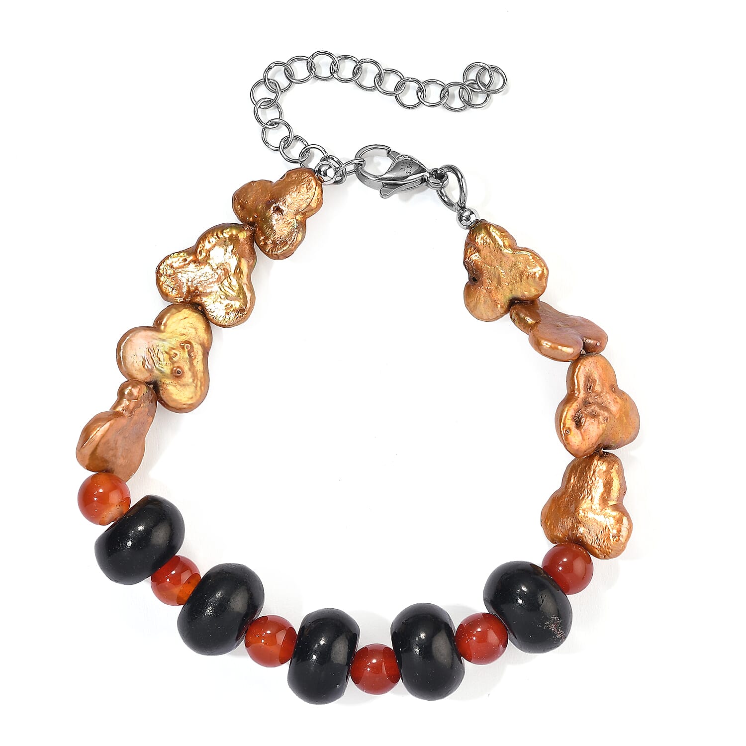 EverTrue Yellow Pearl, Red and Blue Agate (D) 50.00 ctw Bracelet in Stainless Steel (7.25-9.25In)