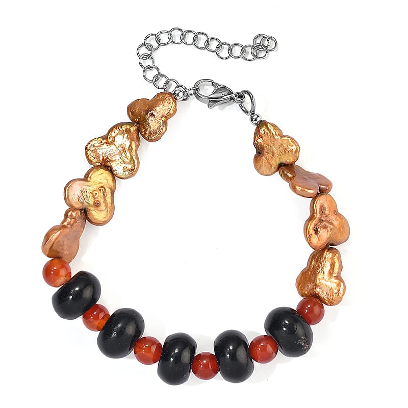 EverTrue Yellow Pearl, Red and Blue Agate (D) 50.00 ctw Bracelet in Stainless Steel (7.25-9.25In)