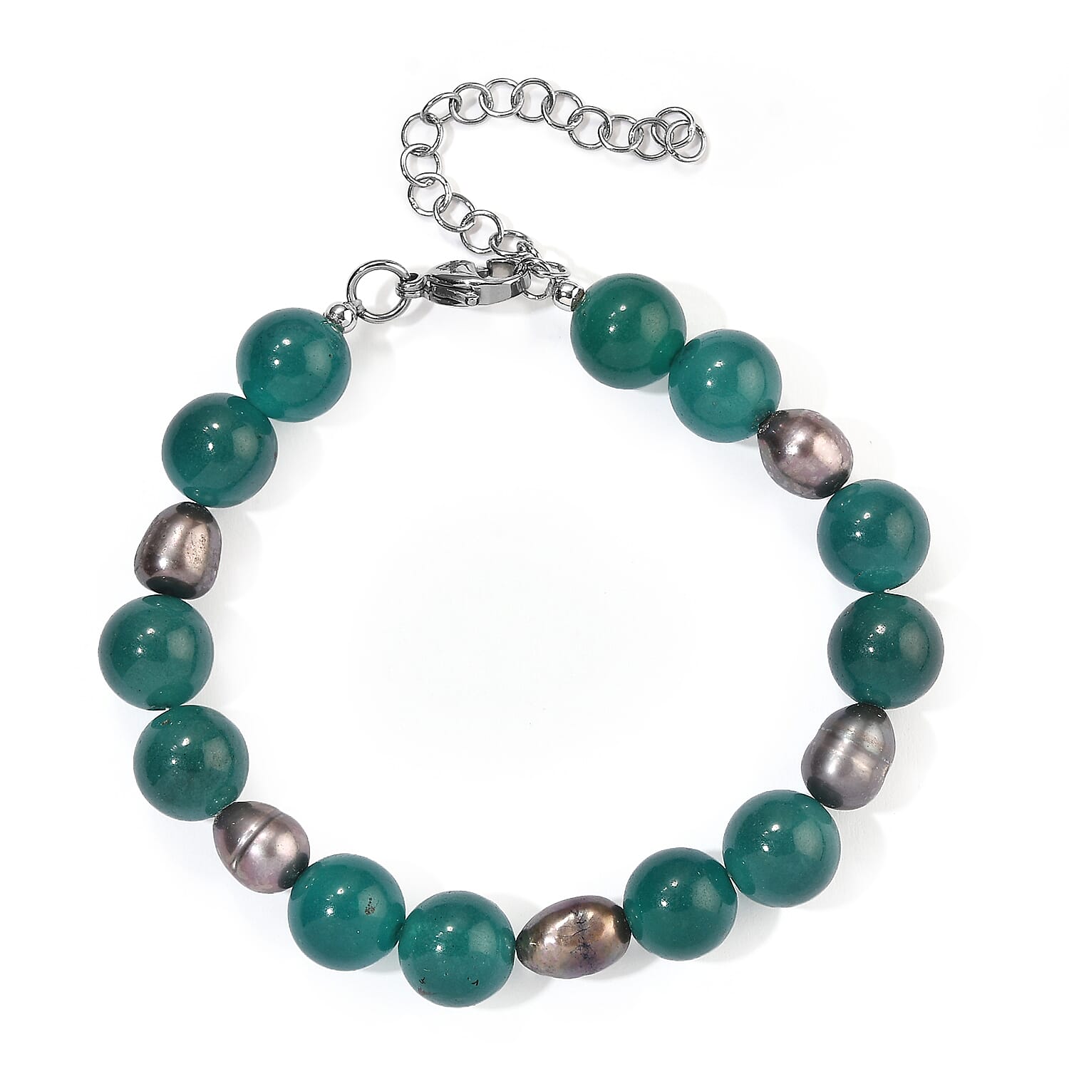 EverTrue Peacock Pearl (D) and Green Agate 80.00 ctw Bracelet in Stainless Steel (7.25-9.25In)