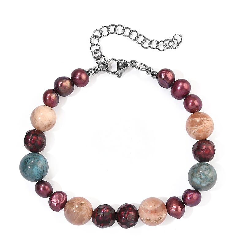 EverTrue Purple Pearl (D) and Multi Gemstone 45.00 ctw Bracelet in Stainless Steel (7.25-9.25In)