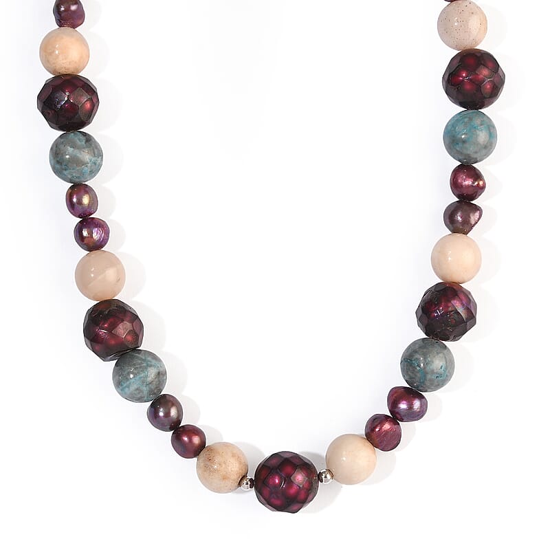 EverTrue Purple Pearl (D) and Multi Gemstone 160.00 ctw Necklace (18-19 Inches) in Platinum Bond