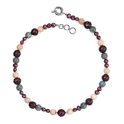EverTrue Purple Pearl (D) and Multi Gemstone 160.00 ctw Necklace (18-19 Inches) in Platinum Bond
