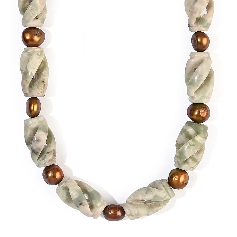EverTrue Green Kiwi Jasper 345.00 ctw and Brown Pearl (D) Necklace (18-19 Inches) in Platinum Bond