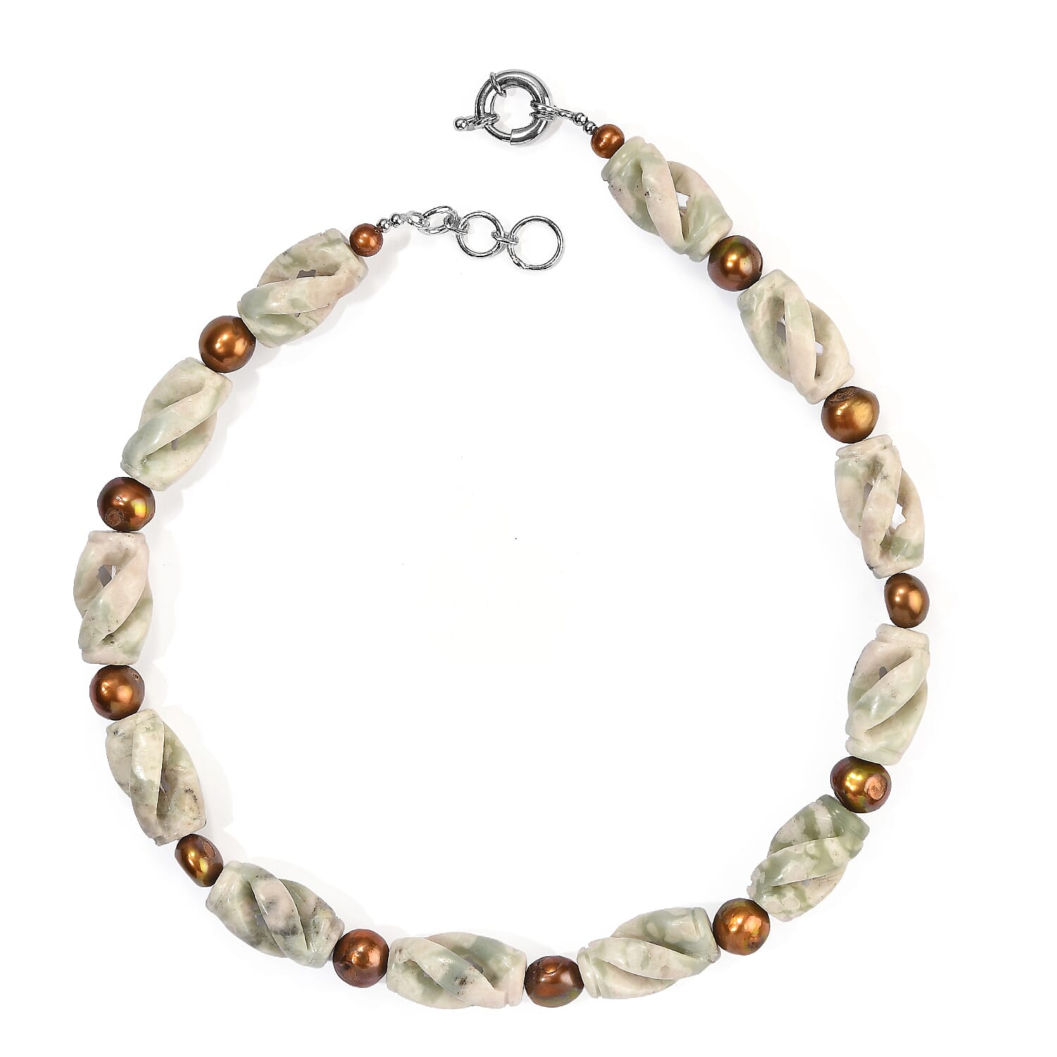 EverTrue Green Kiwi Jasper 345.00 ctw and Brown Pearl (D) Necklace (18-19 Inches) in Platinum Bond