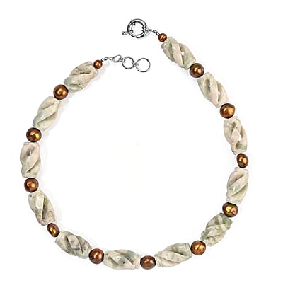 EverTrue Green Kiwi Jasper 345.00 ctw and Brown Pearl (D) Necklace (18-19 Inches) in Platinum Bond