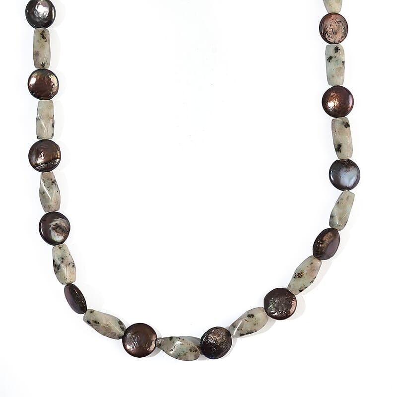 EverTrue Peacock Pearl and Green Kiwi Jasper 110.00 ctw Necklace in Platinum Bond 18 Inches