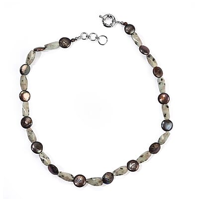 EverTrue Peacock Pearl and Green Kiwi Jasper 110.00 ctw Necklace in Platinum Bond 18 Inches