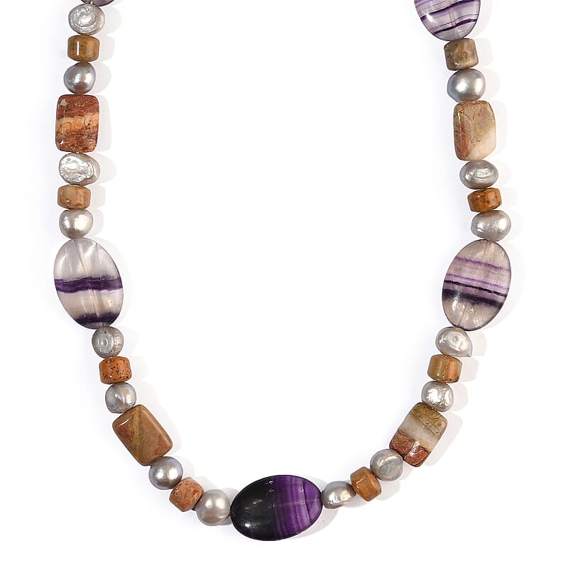 EverTrue Grey Pearl (D) and Multi Gemstone 200.00 ctw Necklace (18-19 Inches) in Platinum Bond