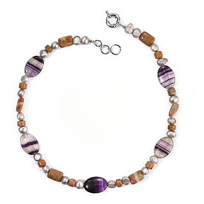 EverTrue Grey Pearl (D) and Multi Gemstone 200.00 ctw Necklace (18-19 Inches) in Platinum Bond
