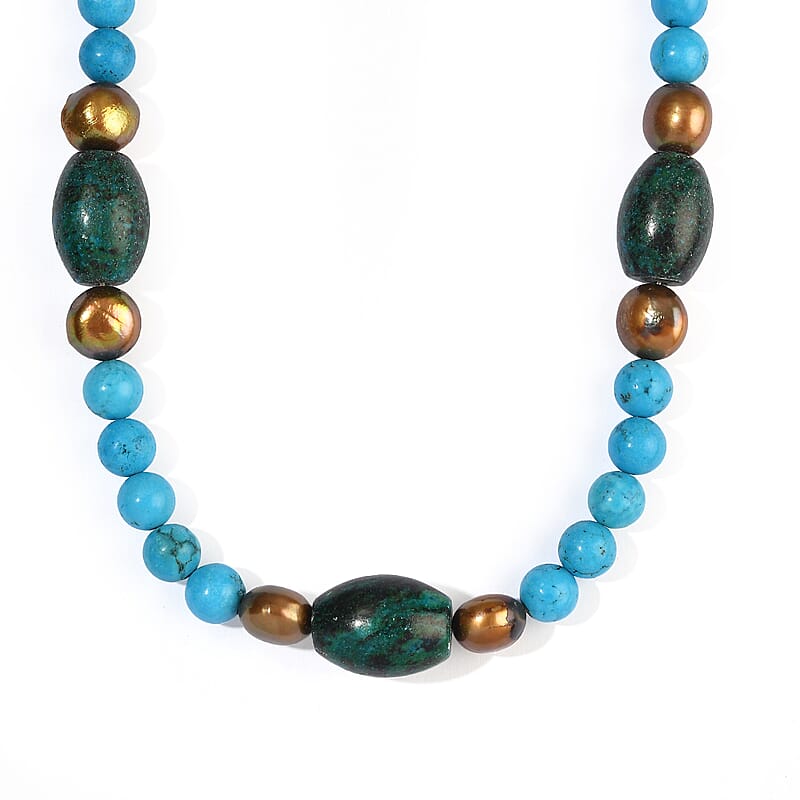 EverTrue Blue Magnesite, Brown Pearl and Chrysocolla Jasper (D) 210.00 ctw Necklace (18-19 Inches) in Platinum Bond