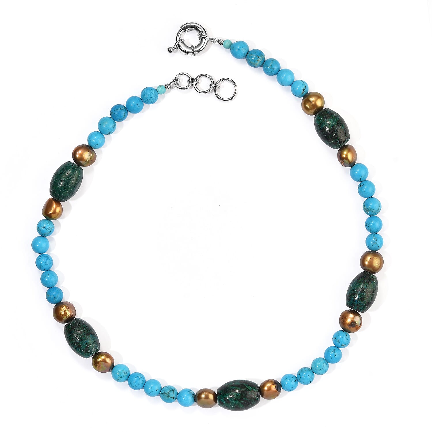 EverTrue Blue Magnesite, Brown Pearl and Chrysocolla Jasper (D) 210.00 ctw Necklace (18-19 Inches) in Platinum Bond