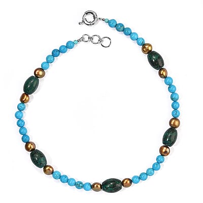 EverTrue Blue Magnesite, Brown Pearl and Chrysocolla Jasper (D) 210.00 ctw Necklace (18-19 Inches) in Platinum Bond