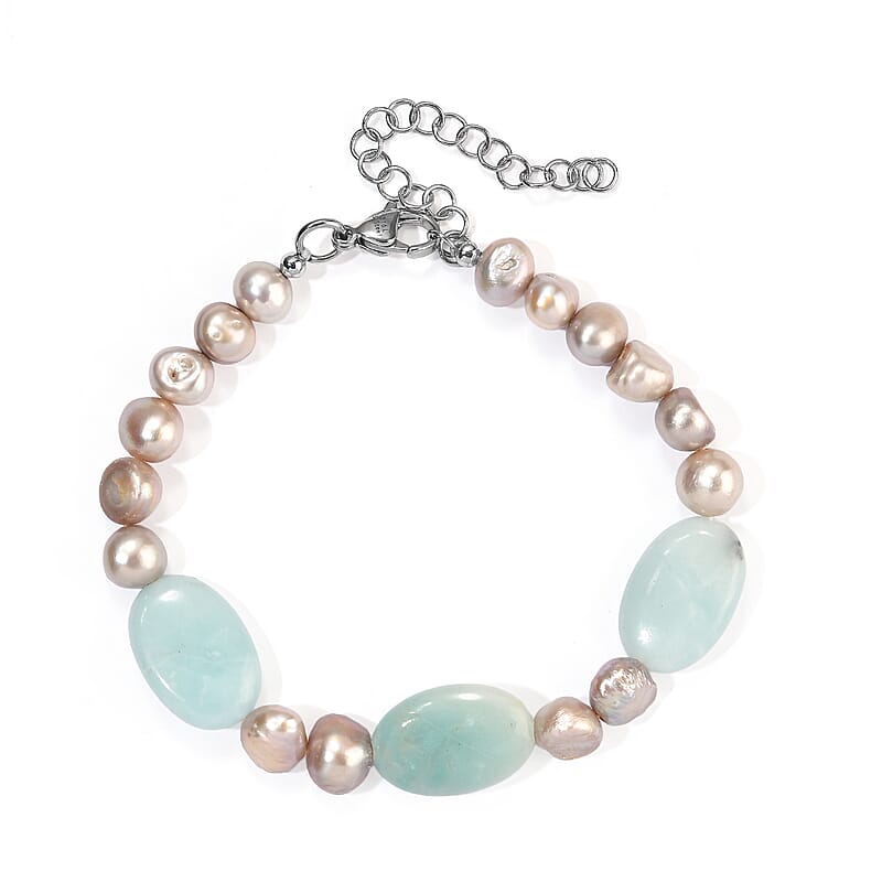 EverTrue Amazonite 70.00 ctw and Grey Pearl (D) Bracelet in Stainless Steel (7.25-9.25In)