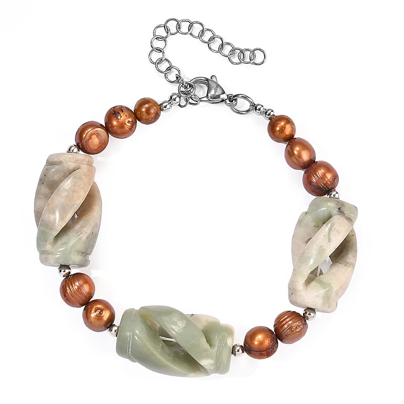 EverTrue Brown Pearl (D) and Green Kiwi Jasper 90.00 ctw Bracelet in Stainless Steel (7.25-9.25In)