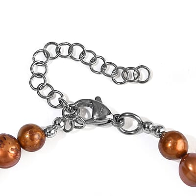 EverTrue Brown Pearl (D) and Green Kiwi Jasper 90.00 ctw Bracelet in Stainless Steel (7.25-9.25In)