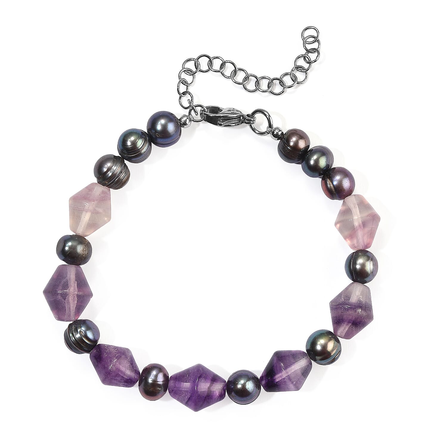 EverTrue Peacock Pearl (D) and Blue Fluorite 60.00 ctw Bracelet in Stainless Steel (7.25-9.25In)