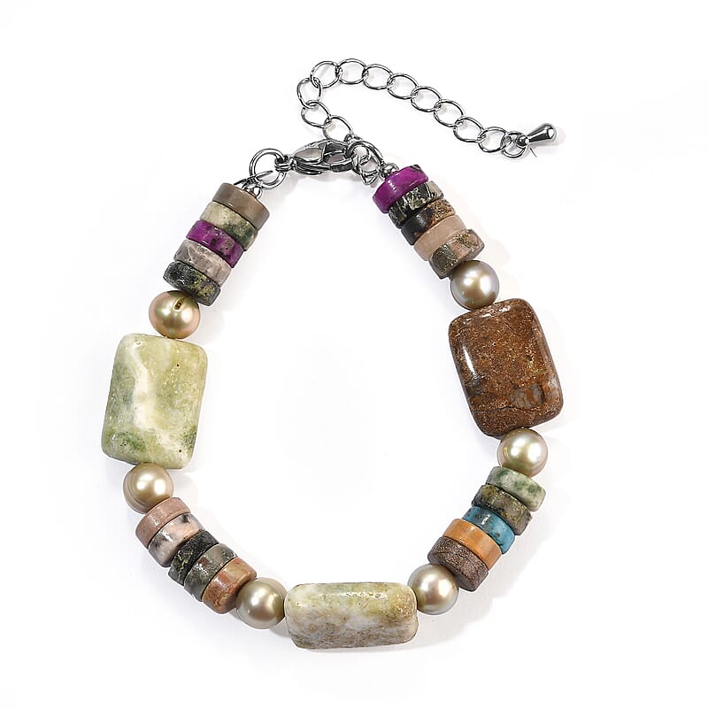 EverTrue Light Green Freshwater Pearl and Multi Gemstone 80.00 ctw Bracelet in Stainless Steel (7.25-9.25In)