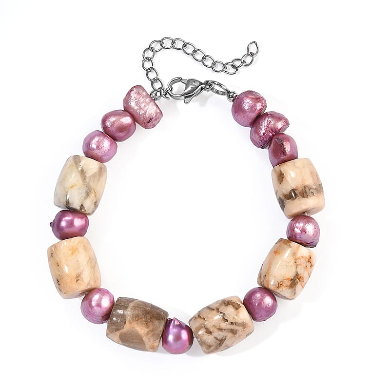 EverTrue Purple Pearl (D) and Venus Jasper 100.00 ctw Bracelet in Stainless Steel (7.25-9.25In)