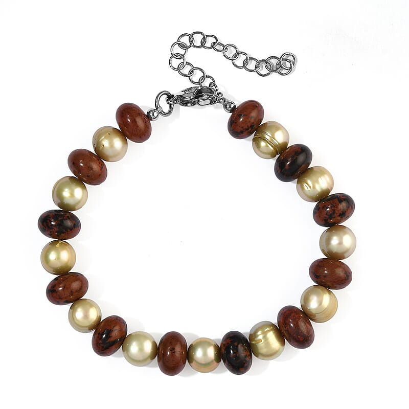 EverTrue Mint Green Freshwater Pearl and Mahagooni Jasper 50.00 ctw Bracelet in Stainless Steel (7.25-9.25In)