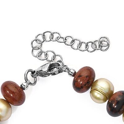 EverTrue Mint Green Freshwater Pearl and Mahagooni Jasper 50.00 ctw Bracelet in Stainless Steel (7.25-9.25In)