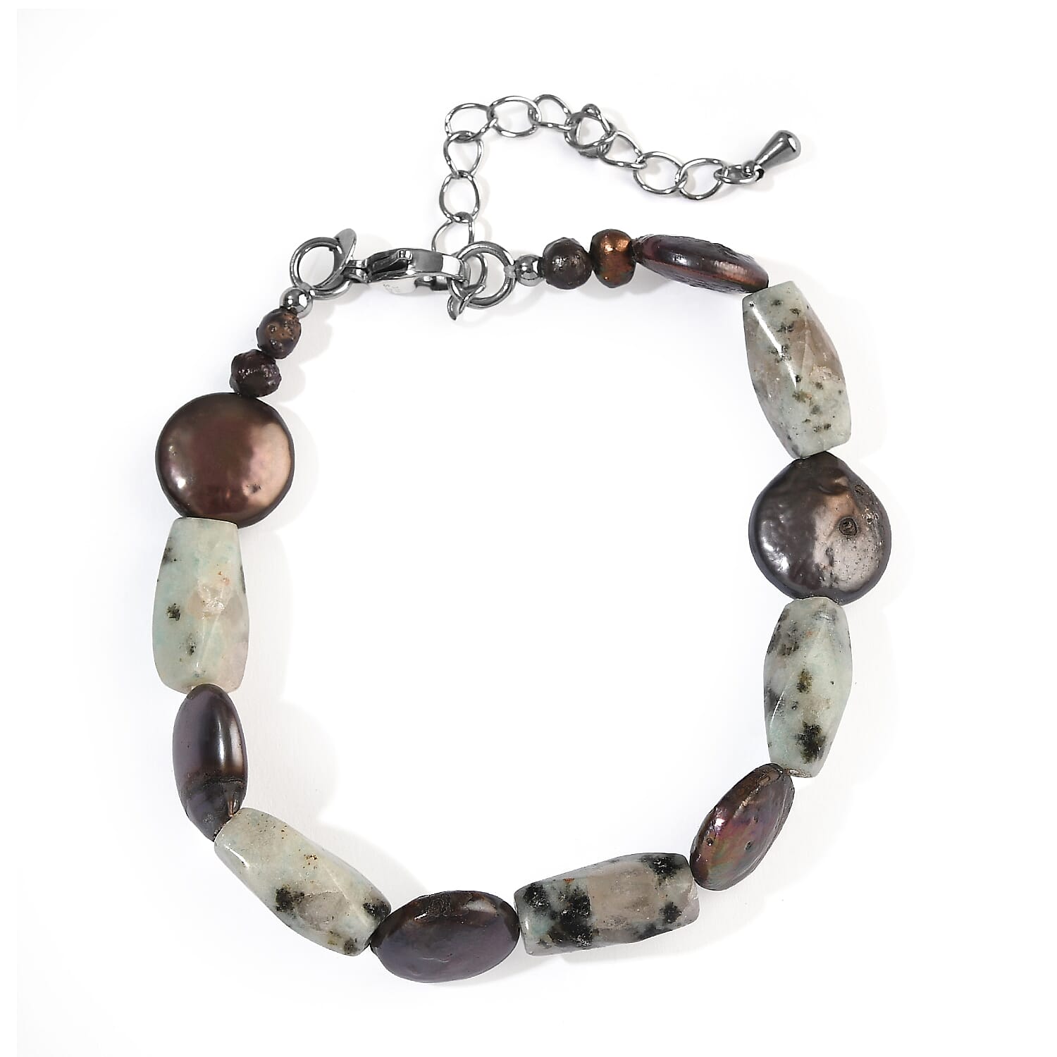 EverTrue Peacock Pearl and Green Kiwi Jasper 45.00 ctw Bracelet in Stainless Steel (7.25-9.25In)