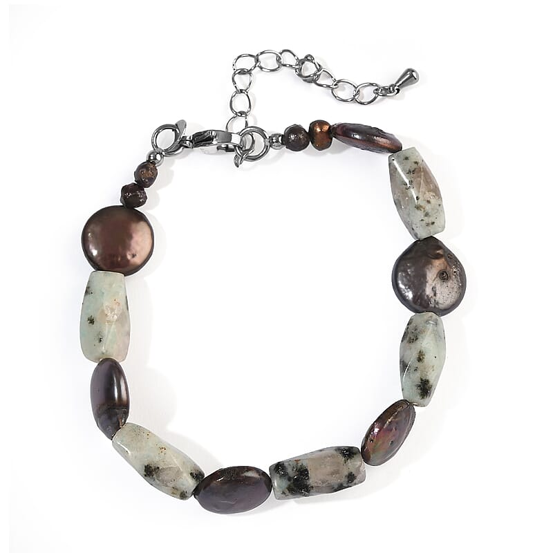 EverTrue Peacock Pearl and Green Kiwi Jasper 45.00 ctw Bracelet in Stainless Steel (7.25-9.25In)