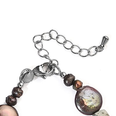 EverTrue Peacock Pearl and Green Kiwi Jasper 45.00 ctw Bracelet in Stainless Steel (7.25-9.25In)