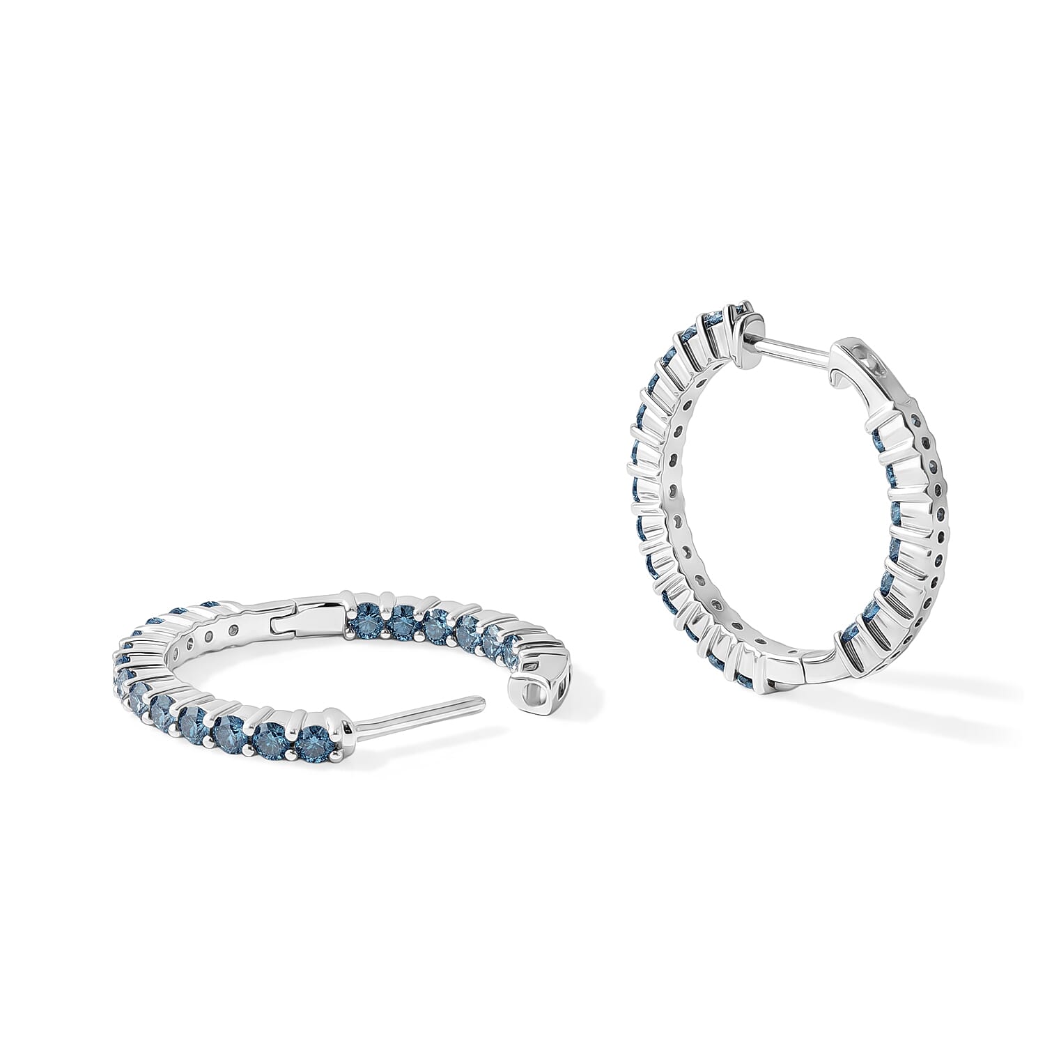 Luxuriant Lab Grown Blue Diamond (IR) SI 1.00 ctw Endless Radiance Hoop Earrings in Rhodium Over Sterling Silver