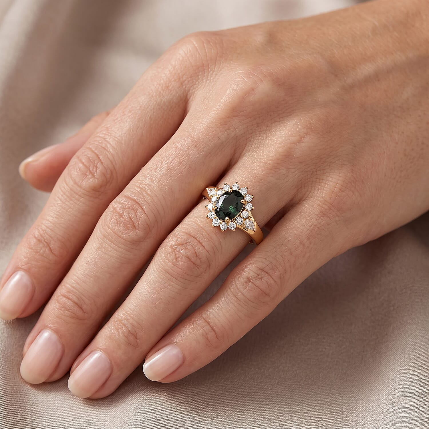 D'Joy Premium Green Sapphire and Moissanite 2.30 ctw Sunburst Ring in 18K Vermeil Yellow Gold Over Sterling Silver (Size 6.0)