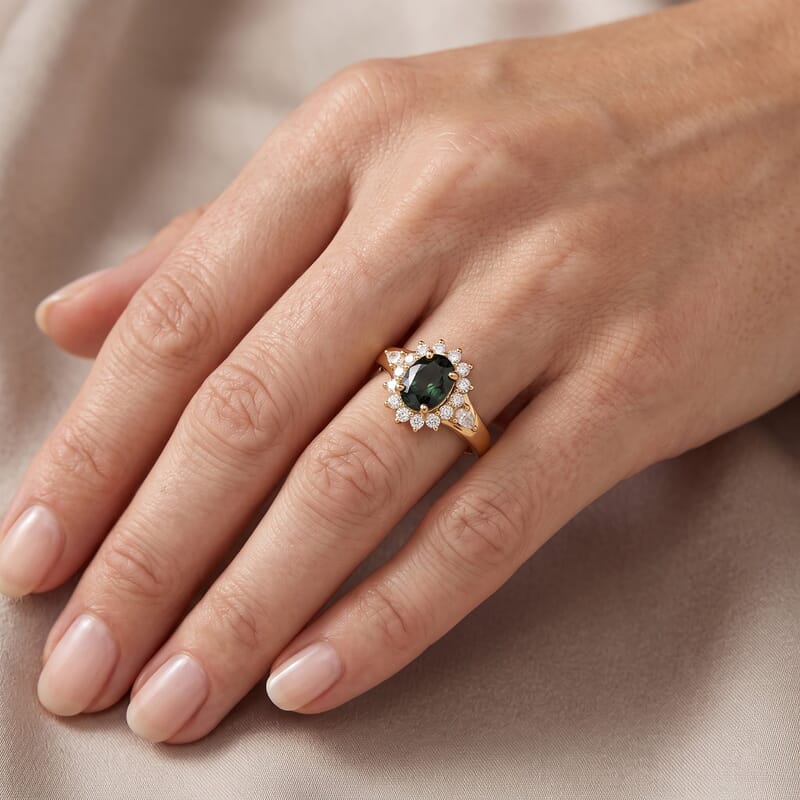 D'Joy Premium Green Sapphire and Moissanite 2.30 ctw Sunburst Ring in 18K Vermeil Yellow Gold Over Sterling Silver (Size 6.0)