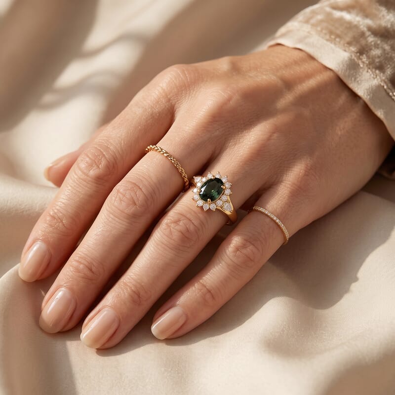 D'Joy Premium Green Sapphire and Moissanite 2.30 ctw Sunburst Ring in 18K Vermeil Yellow Gold Over Sterling Silver (Size 6.0)
