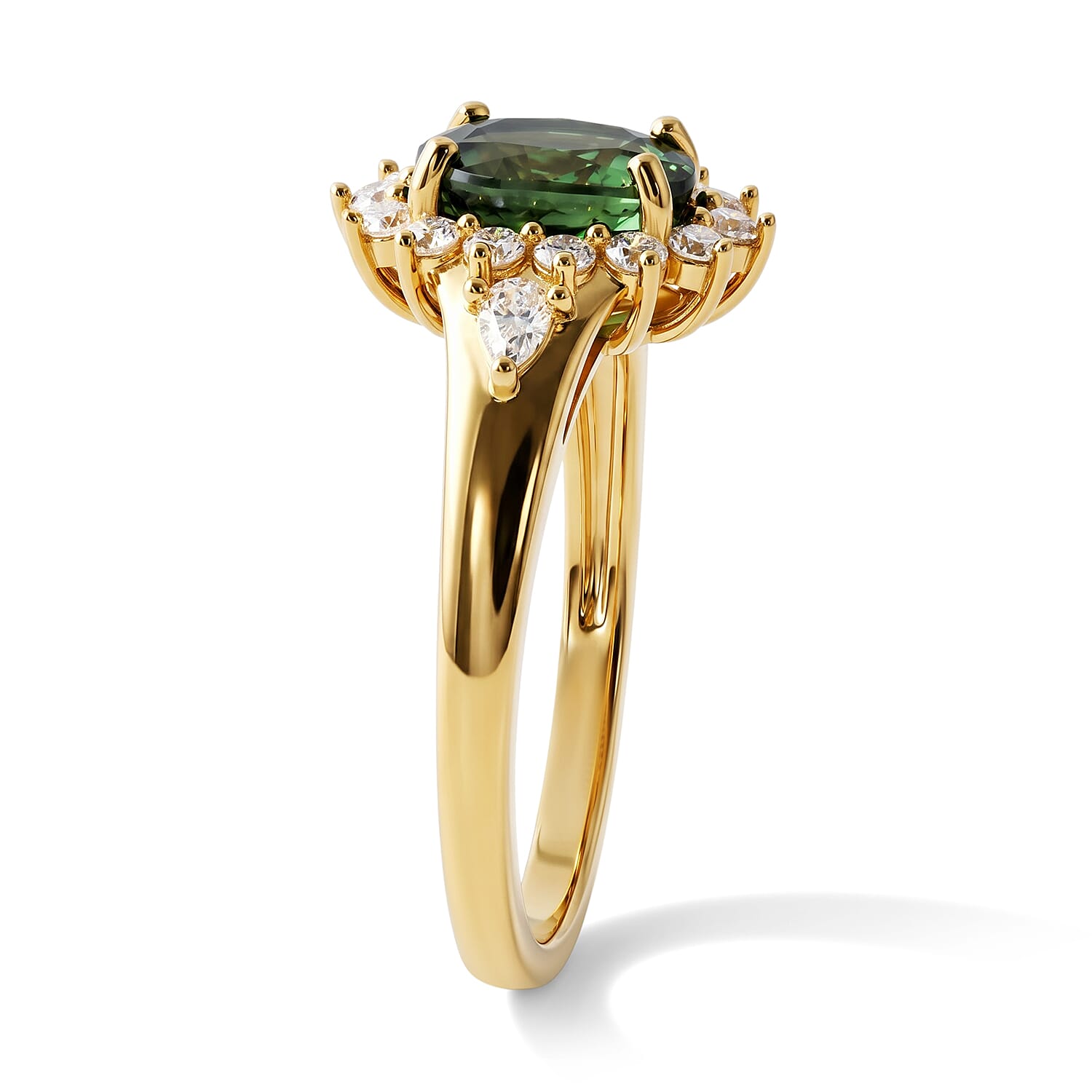 D'Joy Premium Green Sapphire and Moissanite 2.30 ctw Sunburst Ring in 18K Vermeil Yellow Gold Over Sterling Silver (Size 6.0)