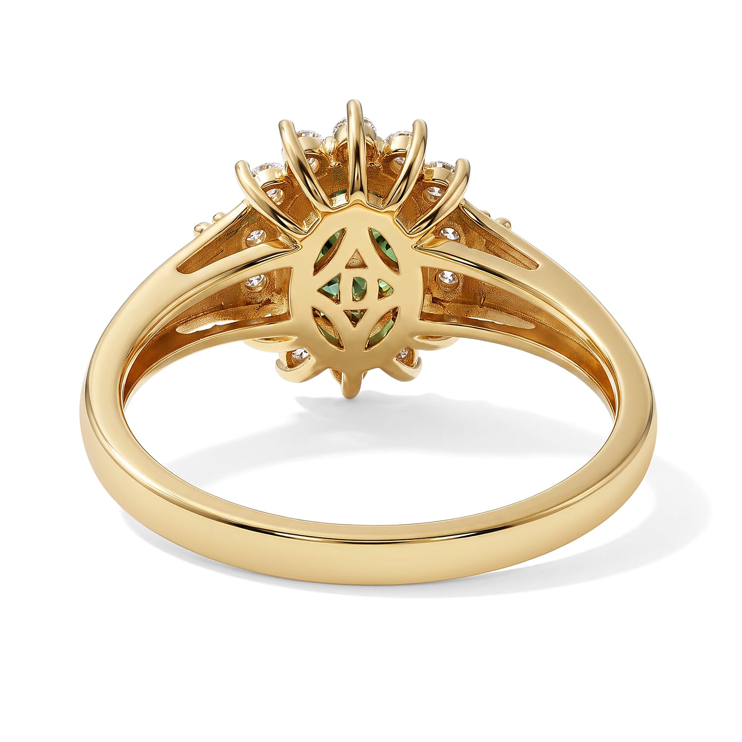 D'Joy Premium Green Sapphire and Moissanite 2.30 ctw Sunburst Ring in 18K Vermeil Yellow Gold Over Sterling Silver (Size 6.0)