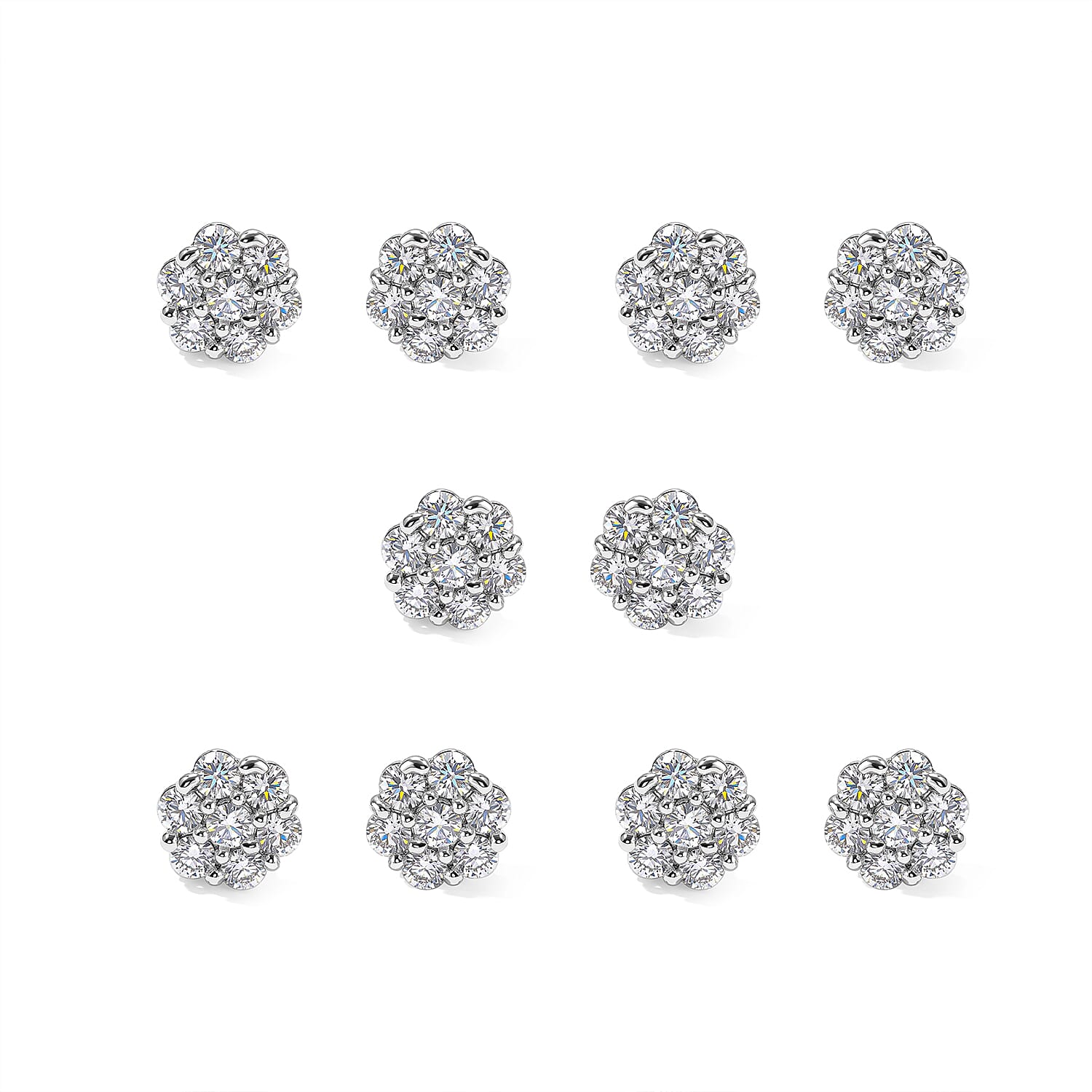 Simulated Diamond Set of 5 Stud Earrings in Silvertone 5ctw