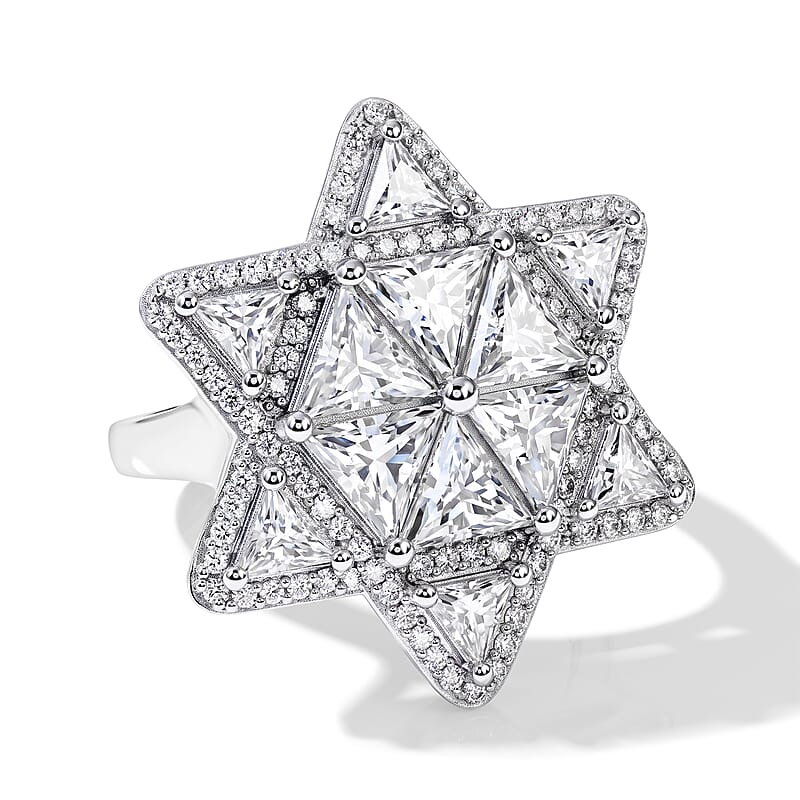 D'Joy Moissanite 6.20 ctw Star of Light Ring in Rhodium Over Sterling Silver (Size 6.0)
