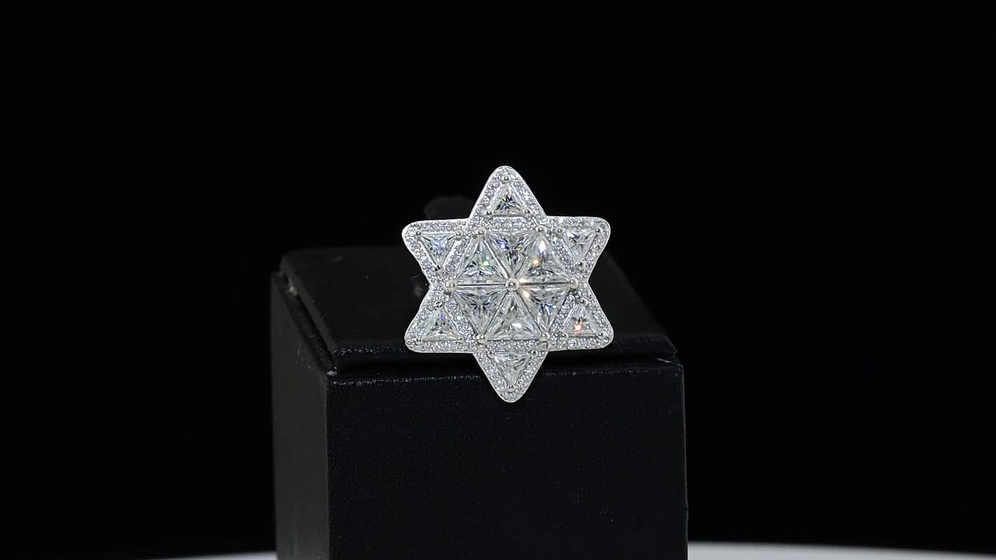 D'Joy Moissanite (Triangle 6mm) Star of Light Ring in Rhodium Over Sterling Silver (Size 10.0) 6.20 ctw