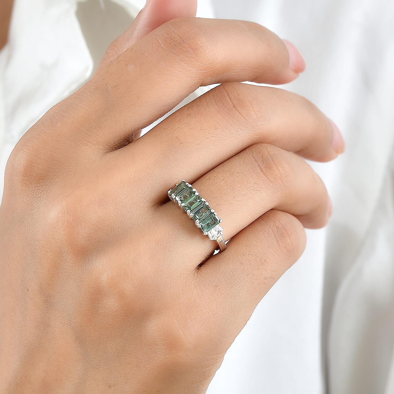 D'Joy Natural Green Apatite and White Zircon 2.00 ctw Band Ring in Rhodium Over Sterling Silver (Size 6.0)