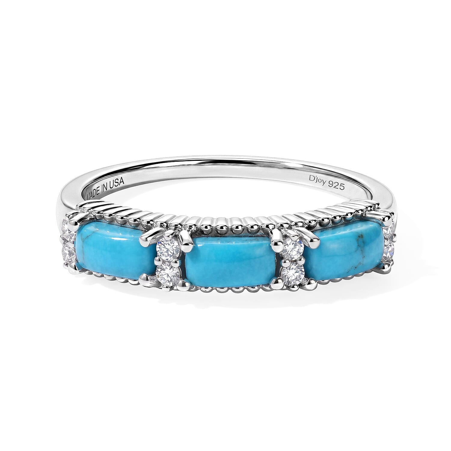 D'Joy Sleeping Beauty Turquoise and White Zircon 0.85 ctw Band Ring in Rhodium Over Sterling Silver (Size 6.0)