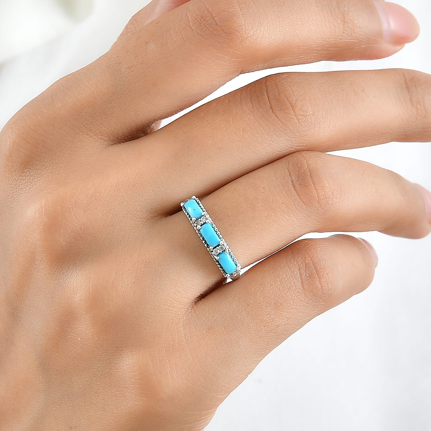 D'Joy Sleeping Beauty Turquoise and White Zircon 0.85 ctw Band Ring in Rhodium Over Sterling Silver (Size 6.0)