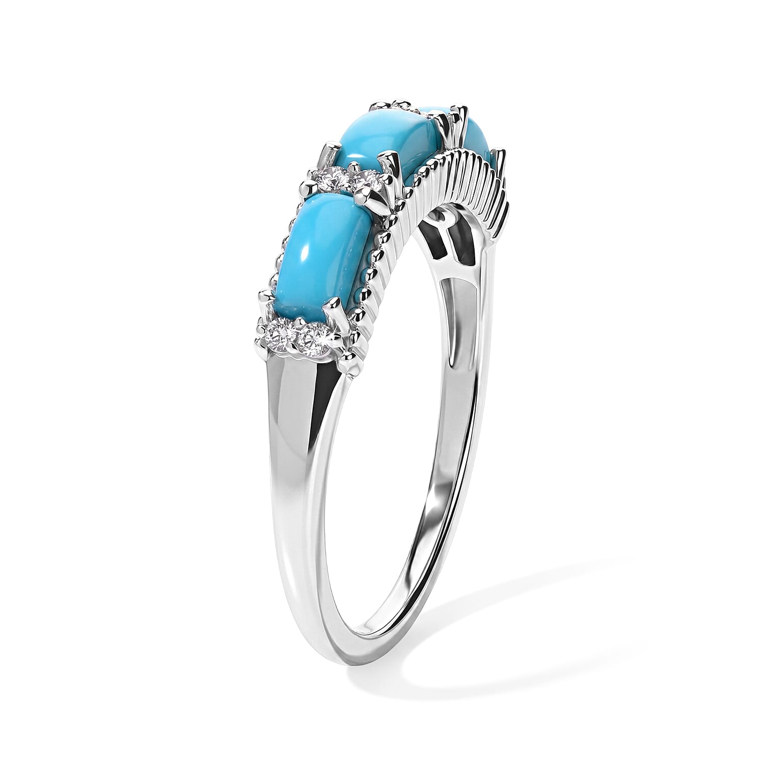 D'Joy Sleeping Beauty Turquoise and White Zircon 0.85 ctw Band Ring in Rhodium Over Sterling Silver (Size 6.0)