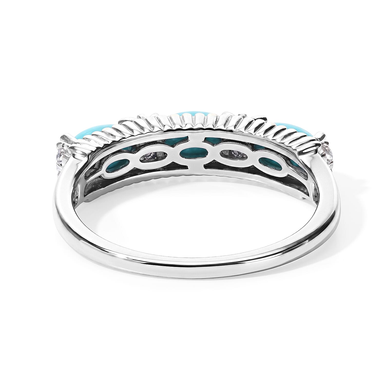 D'Joy Sleeping Beauty Turquoise and White Zircon 0.85 ctw Band Ring in Rhodium Over Sterling Silver (Size 6.0)